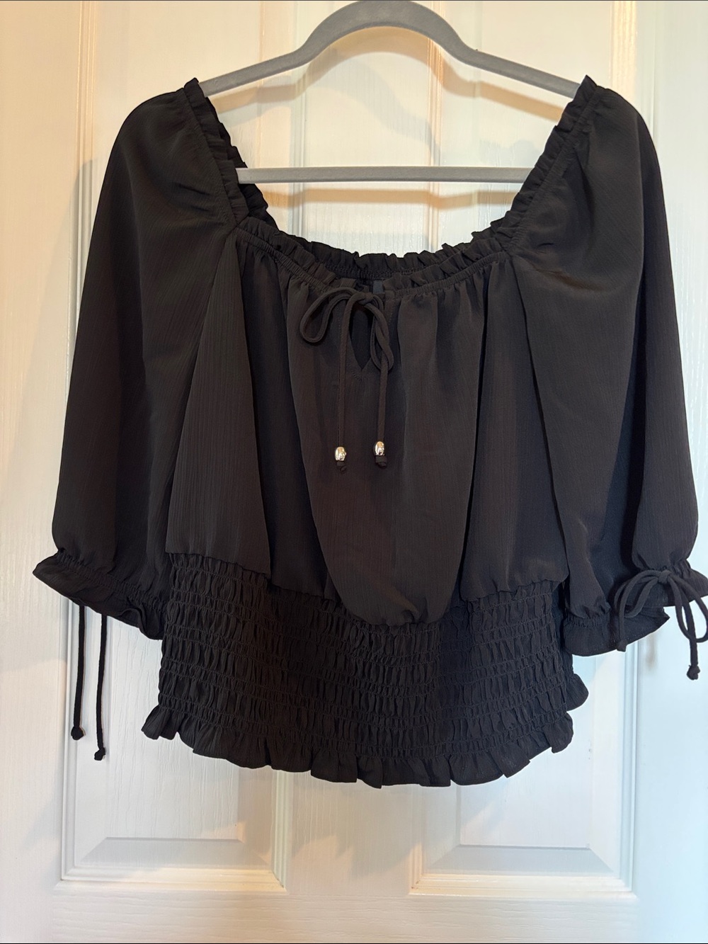 BCX Black Off-Shoulder Blouse with Smocked Hem
